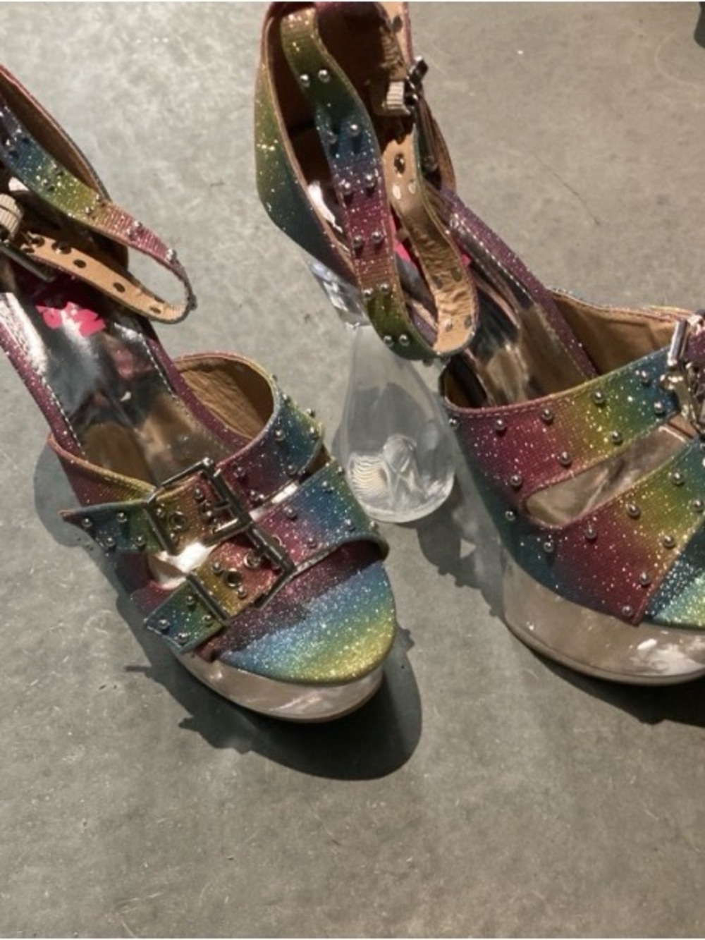 Rainbow Glitter Platform Heels with Studded Straps